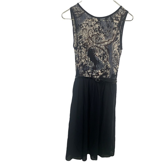 AB Studio Womens Size 6 Belted Black Dress Lace Top Sheer Bottom Built in Cami - Picture 12 of 12